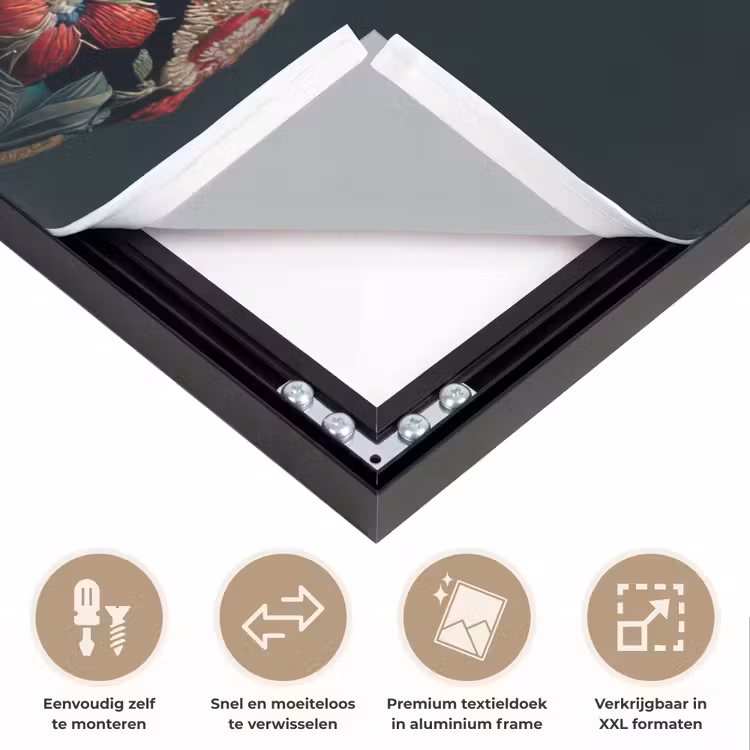 Duif - Bloemen - Wit - Zwart Textielframe zwart klein -USP_closeupNL