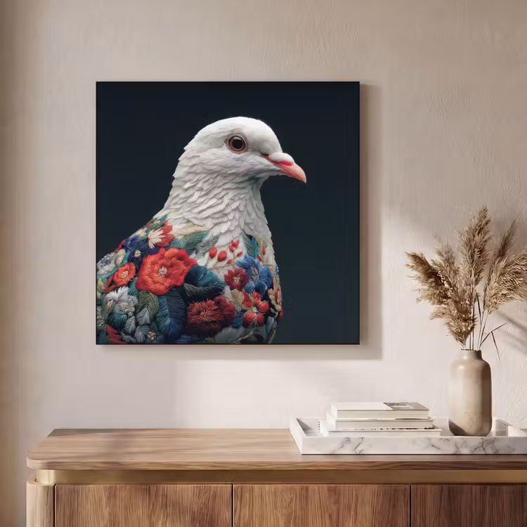 Duif - Bloemen - Wit - Zwart Textielframe - compleet frame klein -sfeer2