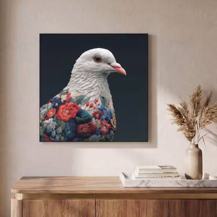 Duif - Bloemen - Wit - Zwart Textielframe zwart klein -sfeer2