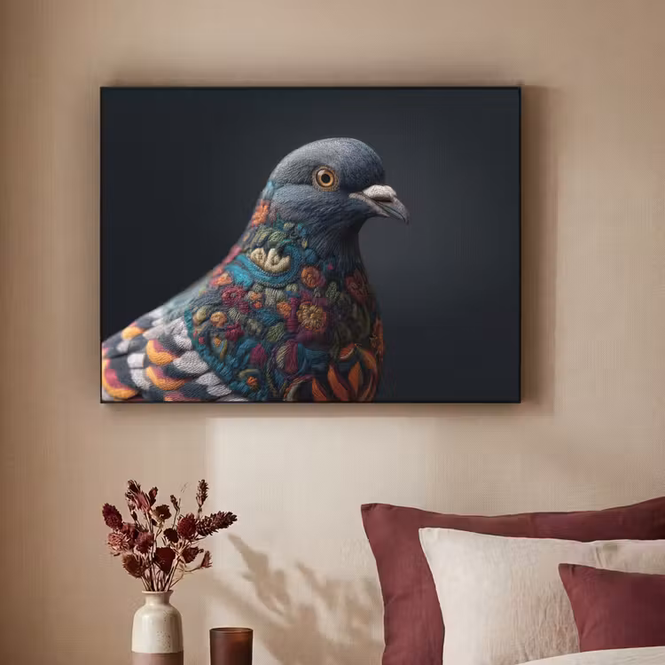 Duif - Bloemen - Zwart Textielframe - compleet frame klein -sfeer1