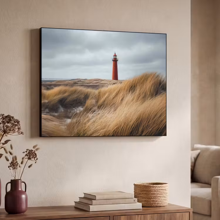 Duinen - Vuurtoren - Rood - Lucht Textielframe - compleet frame klein -sfeer3
