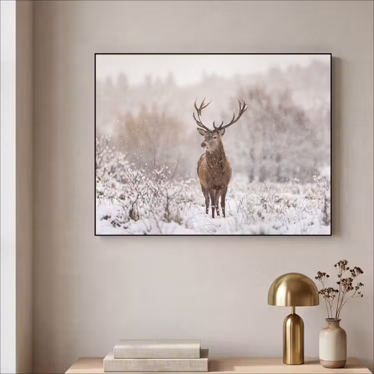 Edelhert - Bos - Sneeuw - Winter - Majestueus Textielframe zwart klein -sfeer2