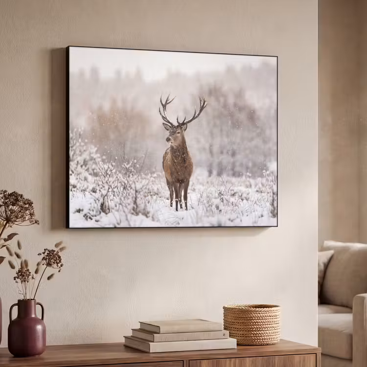 Edelhert - Bos - Sneeuw - Winter - Majestueus Textielframe zwart klein -sfeer3
