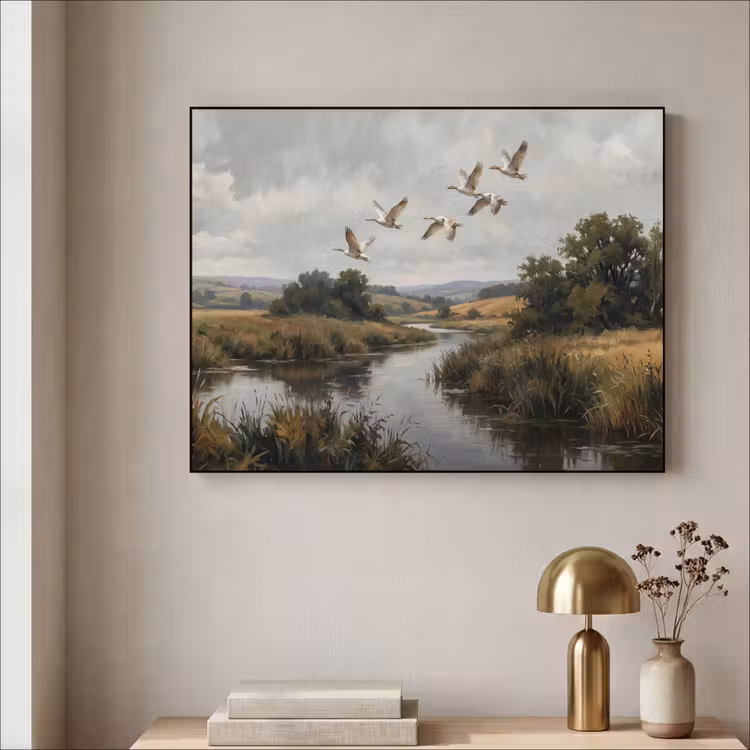 Eenden - Rivier - Landschap - Vlucht - Nostalgisch Textielframe zwart klein -sfeer2