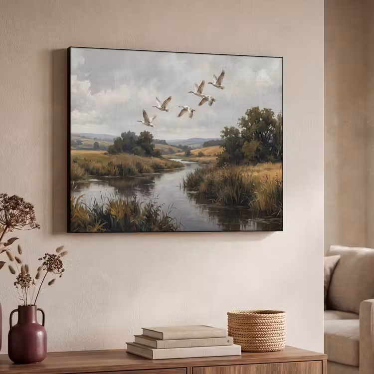 Eenden - Rivier - Landschap - Vlucht - Nostalgisch Textielframe zwart klein -sfeer3
