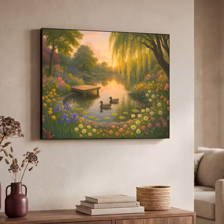 Eenden - Vijver - Bloemen Textielframe zwart klein -sfeer3