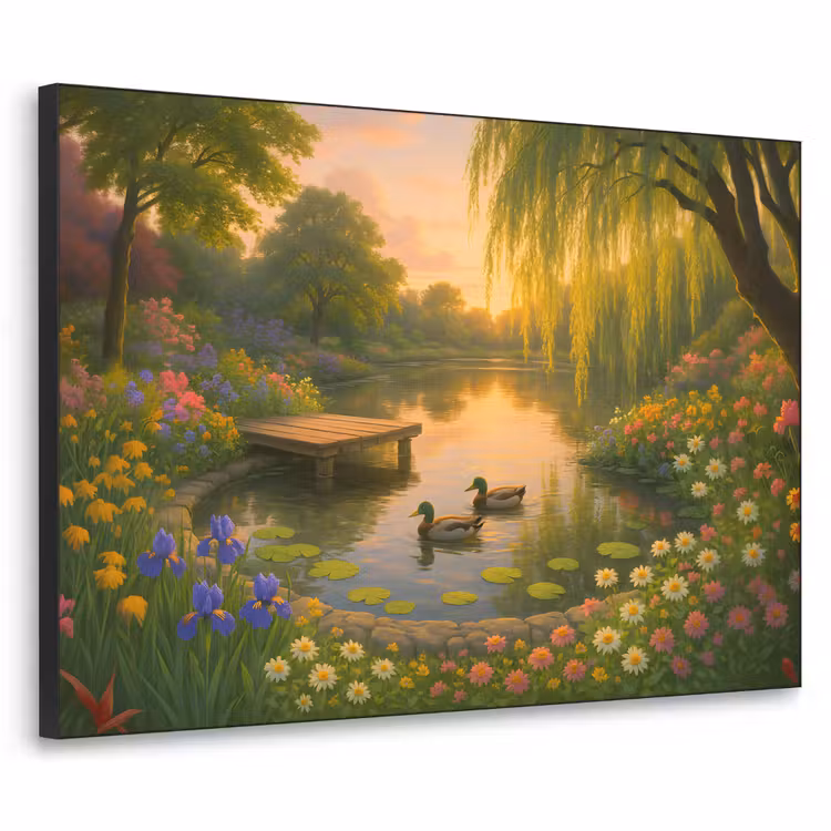 Eenden - Vijver - Bloemen Textielframe zwart klein -3d
