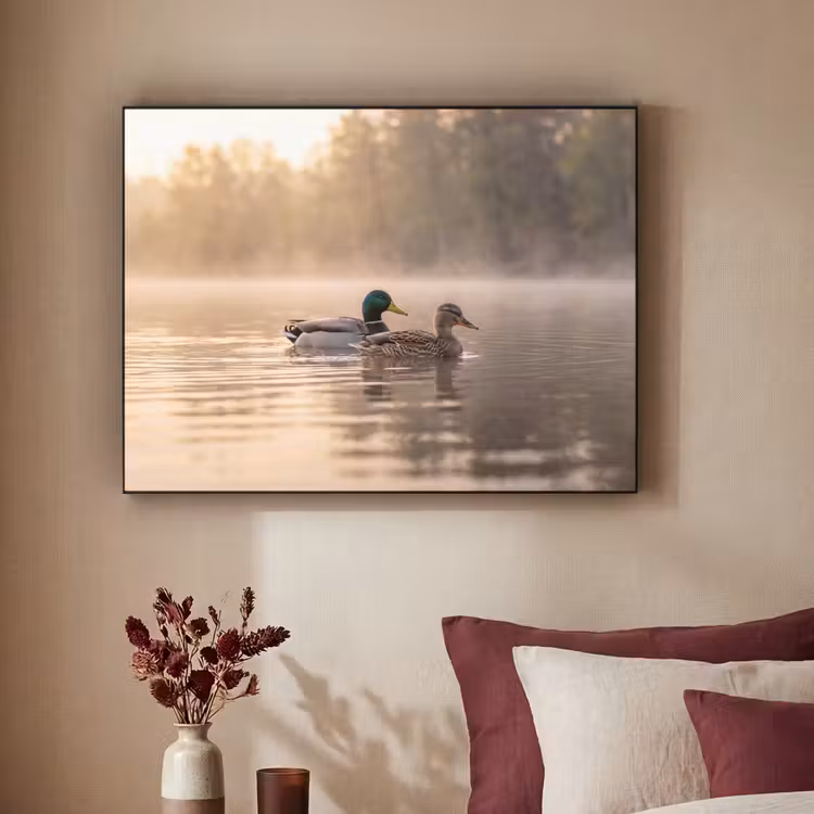 Eenden - Water - Mist - Natuur Textielframe zwart klein -sfeer1