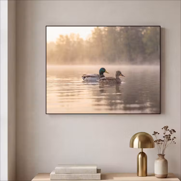 Eenden - Water - Mist - Natuur Textielframe zwart klein -sfeer2