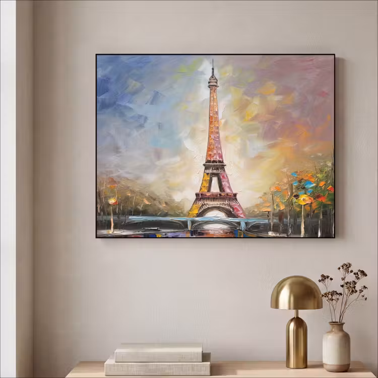 Eiffeltoren - Schilderij - Olieverf - Parijs Textielframe zwart klein -sfeer2