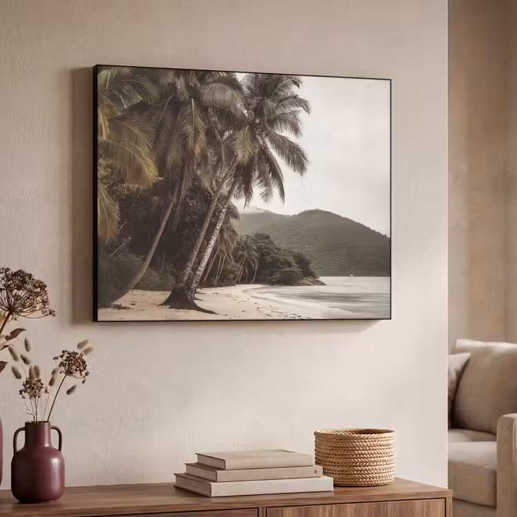 Eiland - Palmboom - Zee Textielframe zwart klein -sfeer3