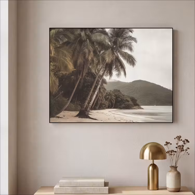 Eiland - Palmboom - Zee Textielframe zwart klein -sfeer2