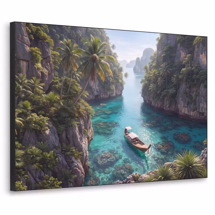 Eiland - Tropisch - Water - Palmbomen - Natuur Textielframe zwart klein -3d