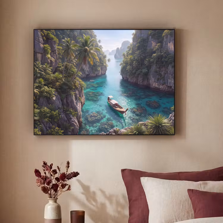 Eiland - Tropisch - Water - Palmbomen - Natuur Textielframe zwart klein -sfeer1