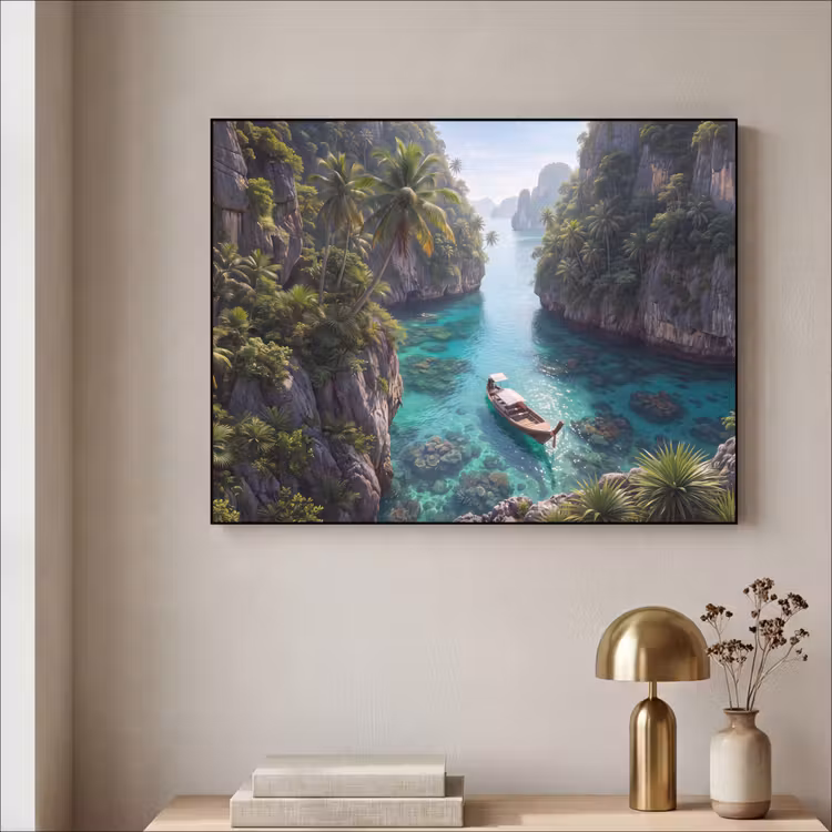 Eiland - Tropisch - Water - Palmbomen - Natuur Textielframe zwart klein -sfeer2