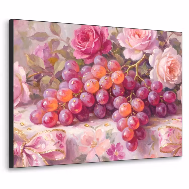 Eten - Bloemen - Stilleven - Roze - Goud Textielframe zwart klein -3d