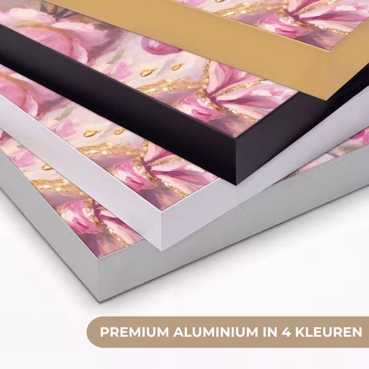 Eten - Bloemen - Stilleven - Roze - Goud Textielframe zwart klein -USP_kleurenNL