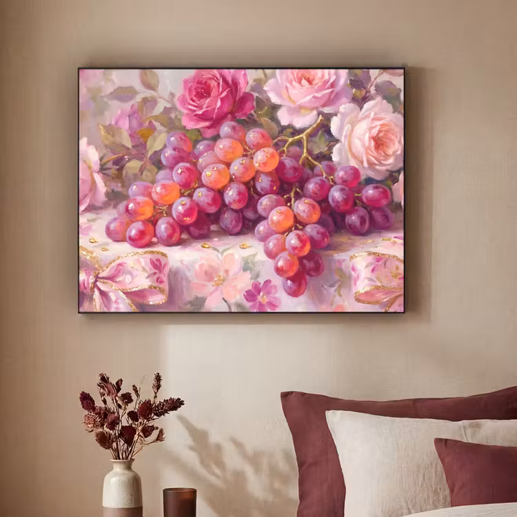 Eten - Bloemen - Stilleven - Roze - Goud Textielframe zwart klein -sfeer1