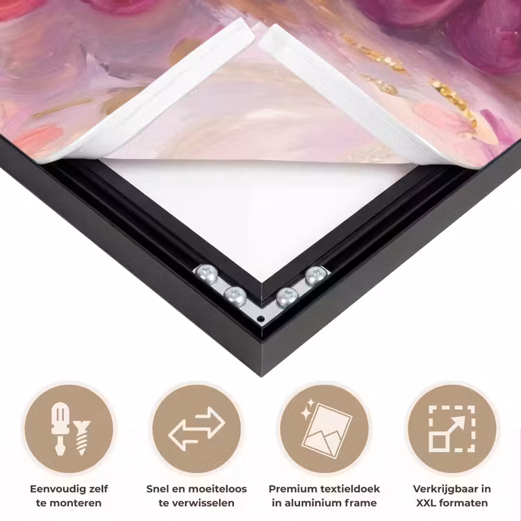 Eten - Bloemen - Stilleven - Roze - Goud Textielframe zwart klein -USP_closeupNL