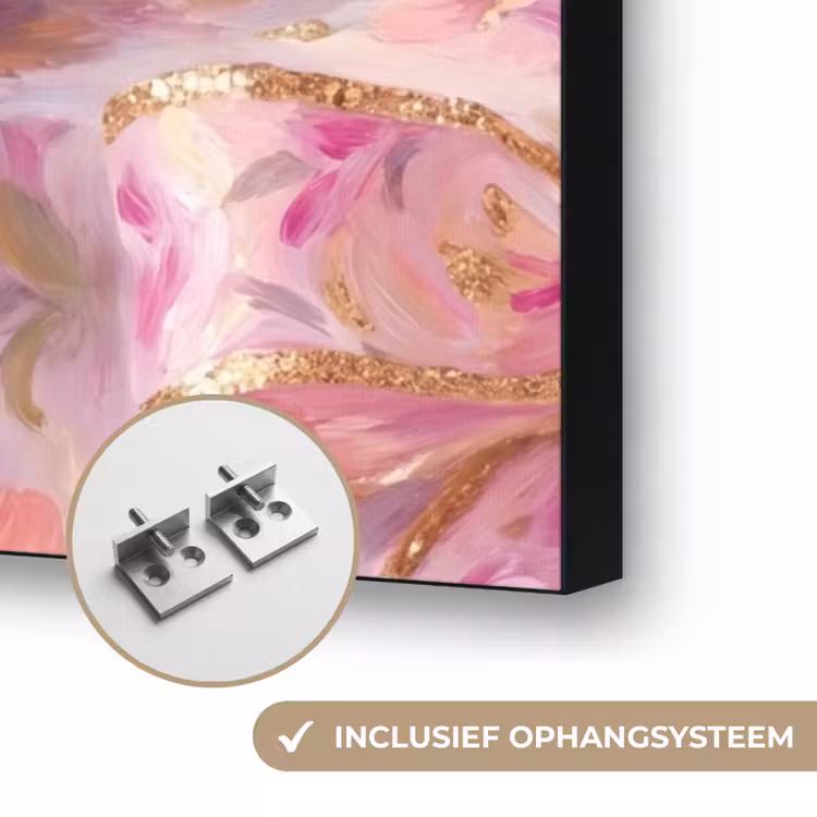 Eten - Bloemen - Stilleven - Roze - Goud Textielframe zwart klein -USP_ophangsysteemNL