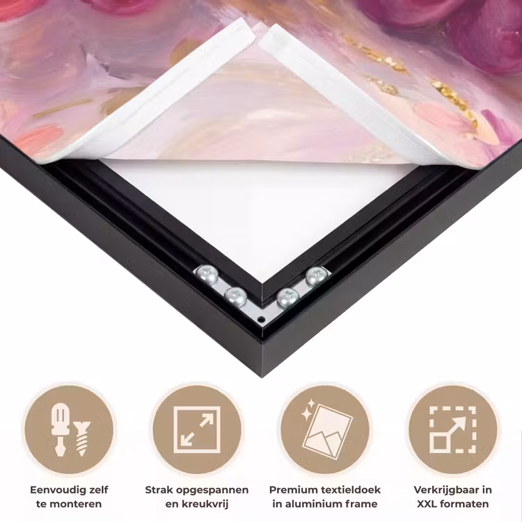 Eten - Bloemen - Stilleven - Roze - Goud Textielframe zwart klein -USP_feed_closeupNL