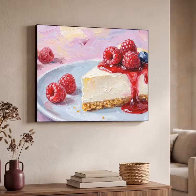 Eten - Cheesecake - Bessen - Abstract - Roze Textielframe zwart klein -sfeer3
