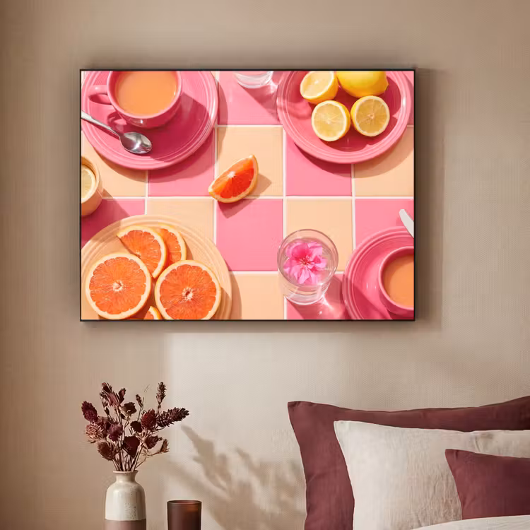 Eten - Citrusvruchten - Stillevens - Roze - Oranje Textielframe zwart klein -sfeer1