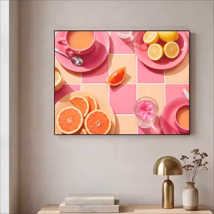 Eten - Citrusvruchten - Stillevens - Roze - Oranje Textielframe zwart klein -sfeer2