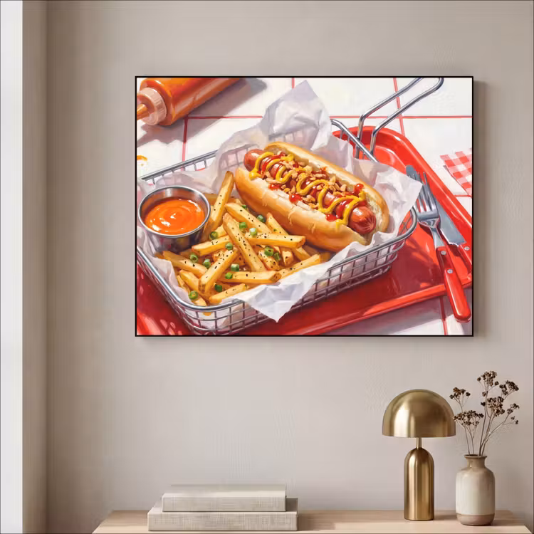 Eten - Hotdog - Fastfood - Modern - Rood Textielframe zwart klein -sfeer2