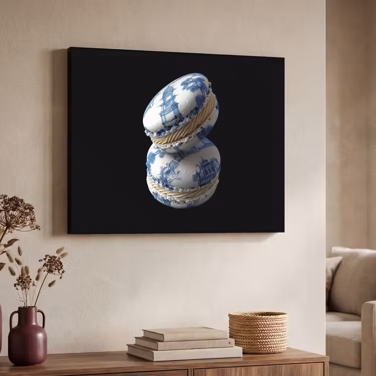 Eten - Macarons - Delfts blauw - Koekjes Textielframe zwart klein -sfeer3