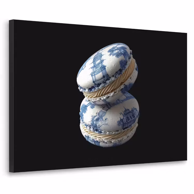 Eten - Macarons - Delfts blauw - Koekjes Textielframe zwart klein -3d