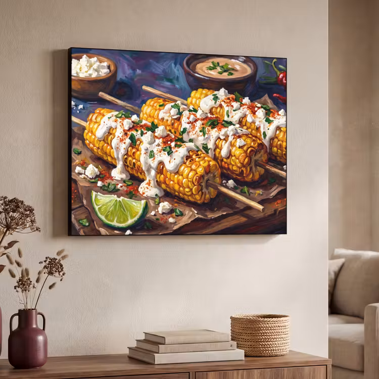 Eten - Maïs - Saus - Geschilderd - Geel Textielframe zwart klein -sfeer3
