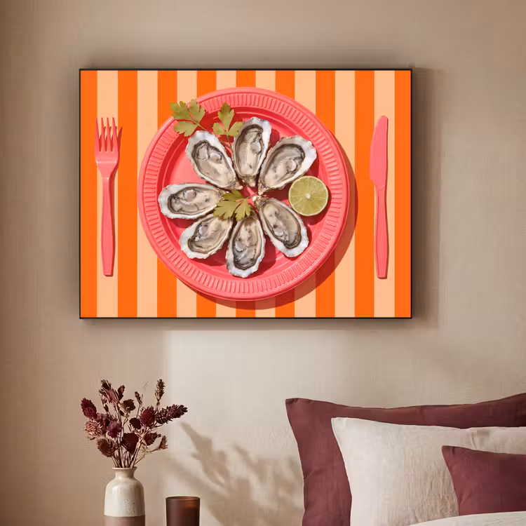 Eten - Oester - Zeevruchten - Oranje - Modern Textielframe zwart klein -sfeer1
