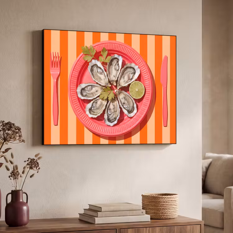 Eten - Oester - Zeevruchten - Oranje - Modern Textielframe zwart klein -sfeer3