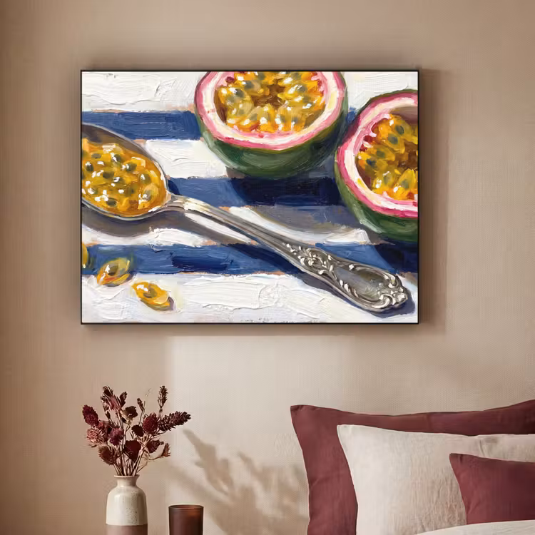 Eten - Passievrucht - Tropisch - Modern - Kleurrijk Textielframe zwart klein -sfeer1