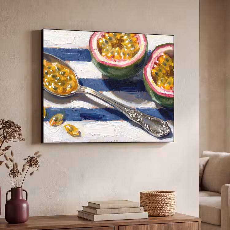 Eten - Passievrucht - Tropisch - Modern - Kleurrijk Textielframe zwart klein -sfeer3