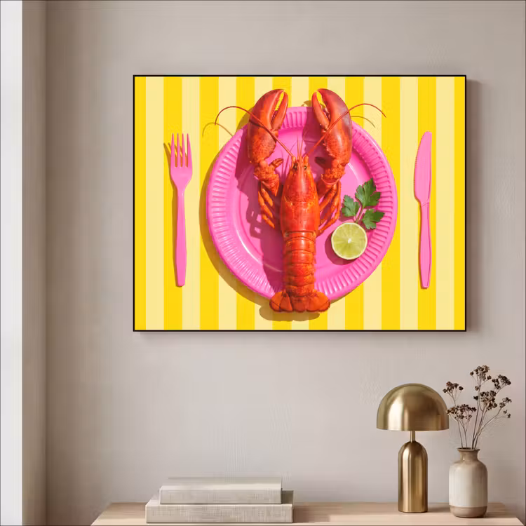 Eten - Roze - Geel - Modern - Culinaire Textielframe zwart klein -sfeer2