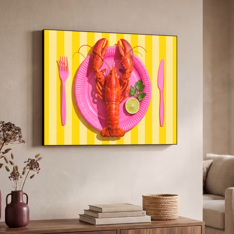 Eten - Roze - Geel - Modern - Culinaire Textielframe zwart klein -sfeer3