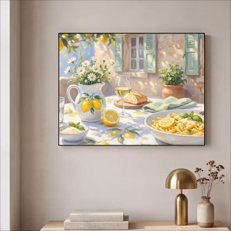 Eten - Terras - Zomer - Geschilderd - Geel Textielframe zwart klein -sfeer2