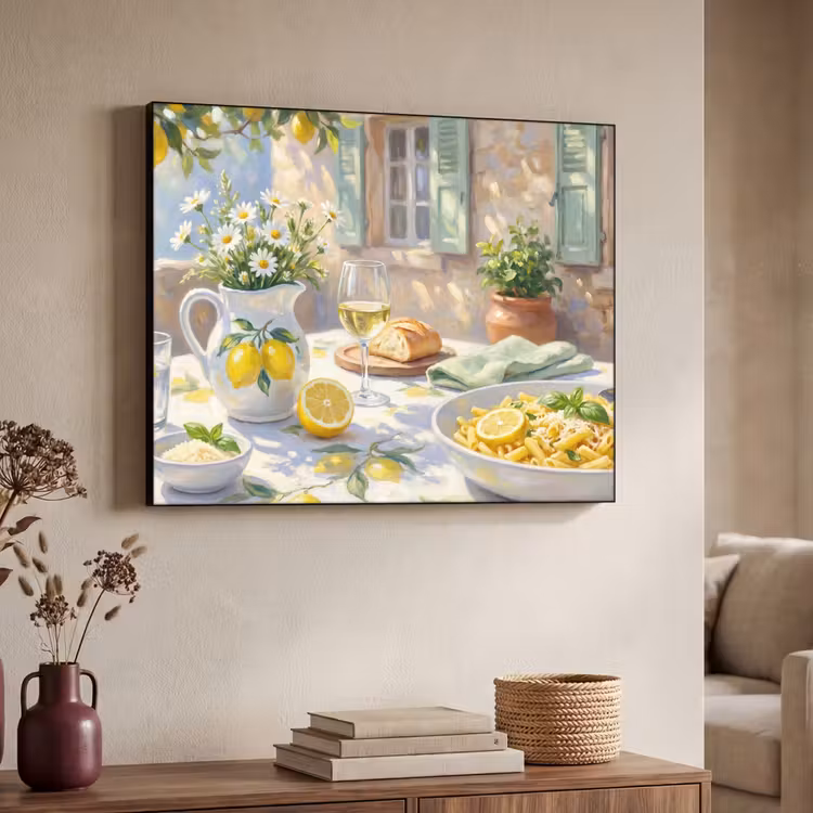 Eten - Terras - Zomer - Geschilderd - Geel Textielframe zwart klein -sfeer3