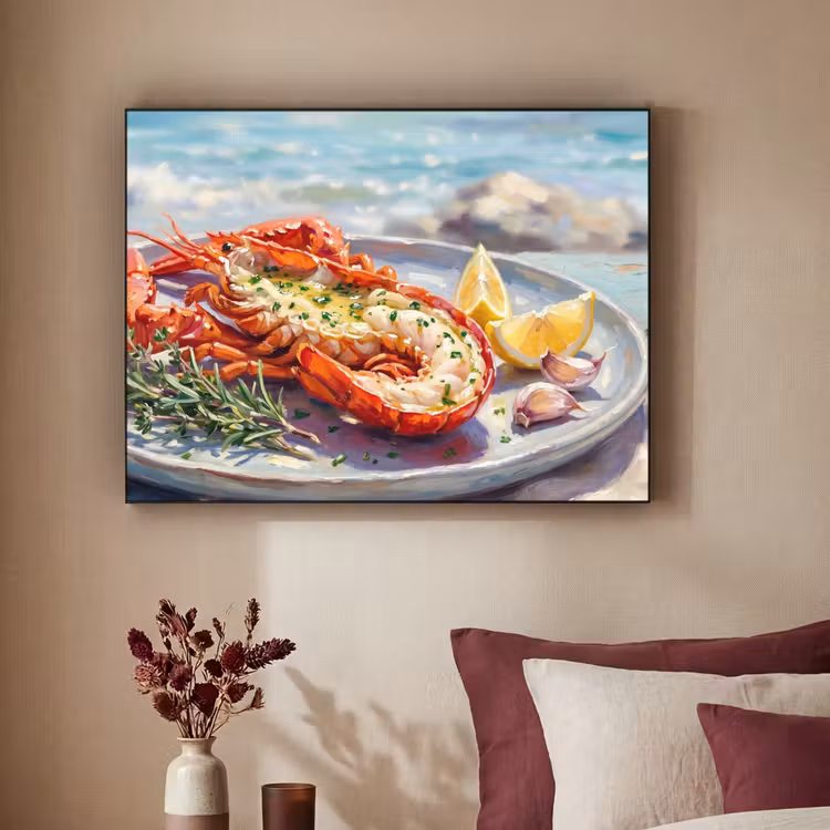 Eten - Zee - Kust - Modern - Blauw Textielframe zwart klein -sfeer1