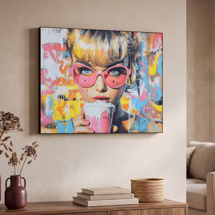 Expressief - Milkshake - Vrouw - Felle kleuren Textielframe - compleet frame klein -sfeer3