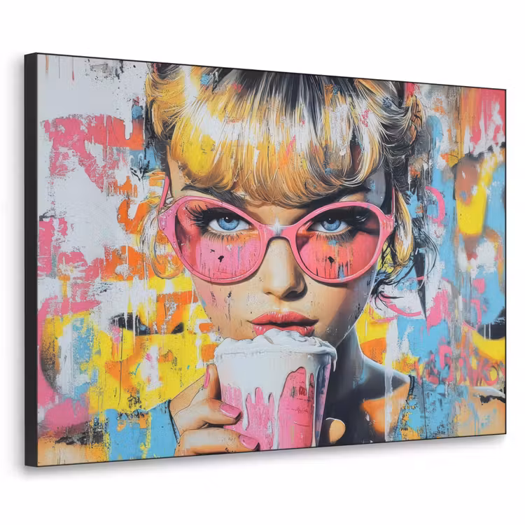 Expressief - Milkshake - Vrouw - Felle kleuren Textielframe zwart klein -3d