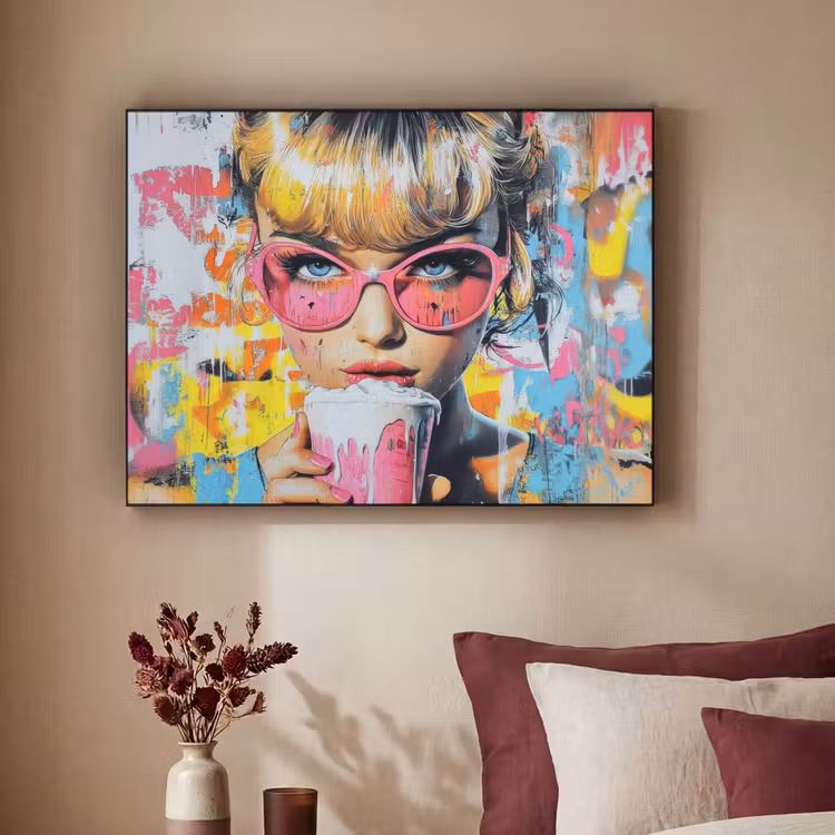 Expressief - Milkshake - Vrouw - Felle kleuren Textielframe zwart klein -sfeer1