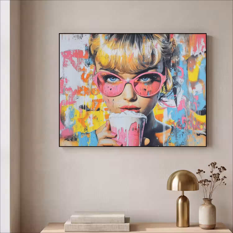 Expressief - Milkshake - Vrouw - Felle kleuren Textielframe zwart klein -sfeer2