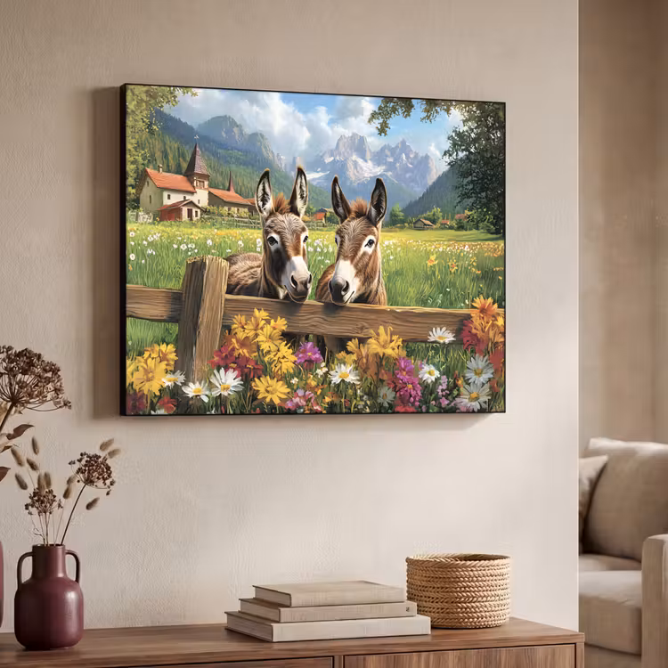 Ezels - Bloemen - Zomers Textielframe - compleet frame klein -sfeer3