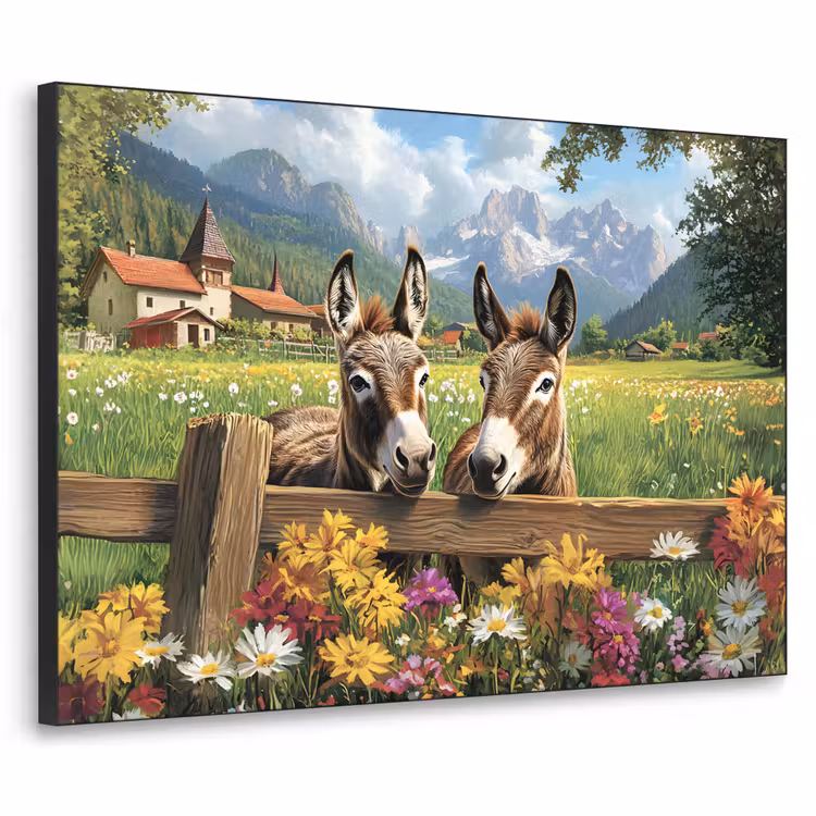 Ezels - Bloemen - Zomers Textielframe zwart klein -3d