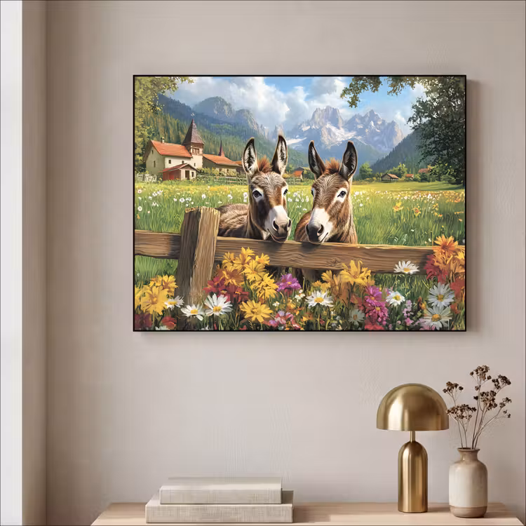 Ezels - Bloemen - Zomers Textielframe - compleet frame klein -sfeer2