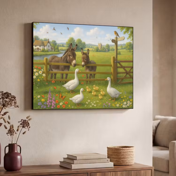 Ezels - Ganzen - Kleurrijk Textielframe zwart klein -sfeer3