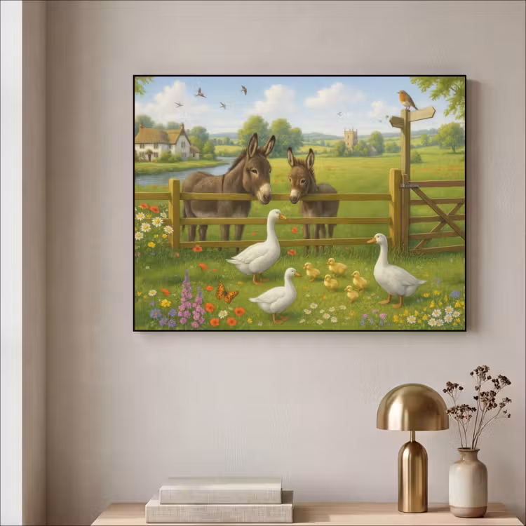Ezels - Ganzen - Kleurrijk Textielframe zwart klein -sfeer2